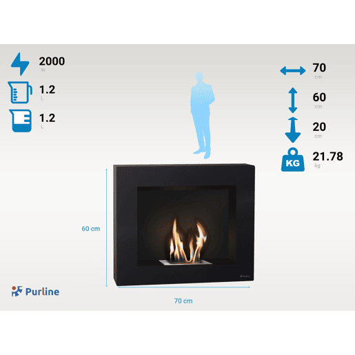 Lareira a etanol de 1,75kW e 1,2L de capacidade. Design retangular em aço lacado a preto. Sem fumos, odores ou cinzas. Adaptável ao bloco de chama simulada PURLINE FIRECOOL COMPACT.