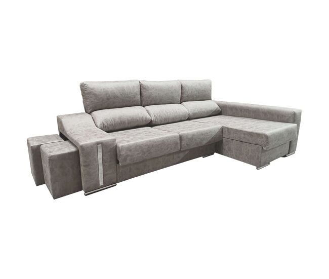 Sofá Chaise Longue Oscar 3 Plazas, Arcón, 2 Puffs, Asientos Extensibles Gris Cemento