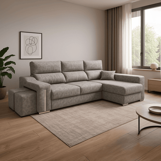 Sofá-cama Oscar Right de 3 lugares, cômoda, 2 pufes, assentos extensíveis, cinza cimento, 263 cm
