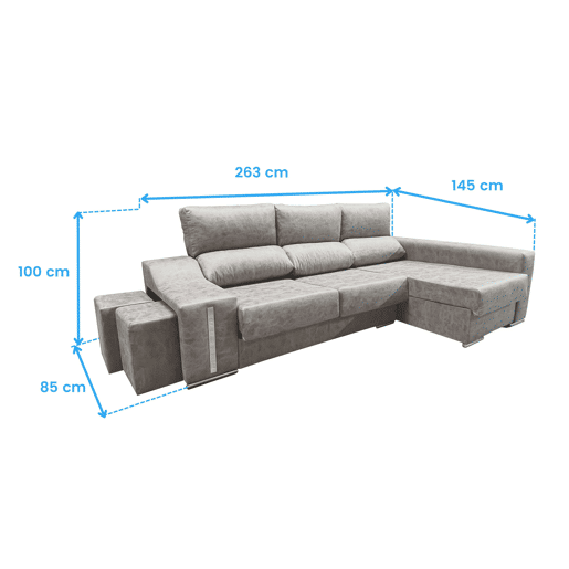 Sofá-cama Oscar Right de 3 lugares, cômoda, 2 pufes, assentos extensíveis, cinza cimento, 263 cm
