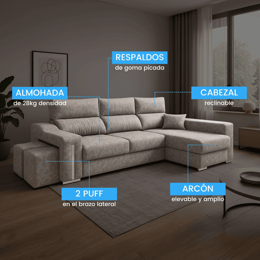 Sofá-cama Oscar Right de 3 lugares, cômoda, 2 pufes, assentos extensíveis, cinza cimento, 263 cm