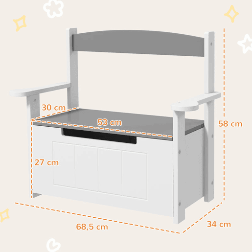AIYAPLAY Baú de Brinquedos Infantil Banco de Armazenamento para Crianças com Encosto e Tampa Amortecida Suporta 30 kg para Salas de Jogos Quarto 68,5x34x58 cm Cinza e Branco