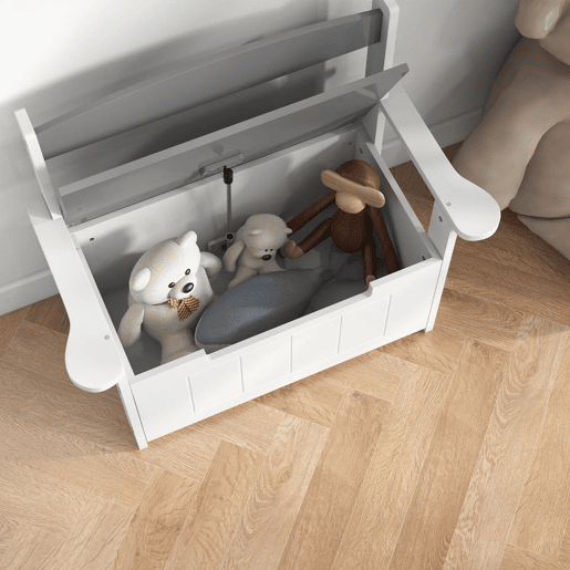 AIYAPLAY Baú de Brinquedos Infantil Banco de Armazenamento para Crianças com Encosto e Tampa Amortecida Suporta 30 kg para Salas de Jogos Quarto 68,5x34x58 cm Cinza e Branco