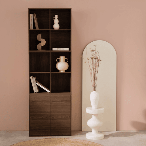 Estante, biblioteca modular decoração madeira, 2 portas e 8 nichos, Kompo, Madeira de nogueira, 70x35x70 cm Estante, biblioteca modular decoração madeira, 2 portas e 8 nichos, Kompo, Madeira de nogueira, 70x35x70 cm