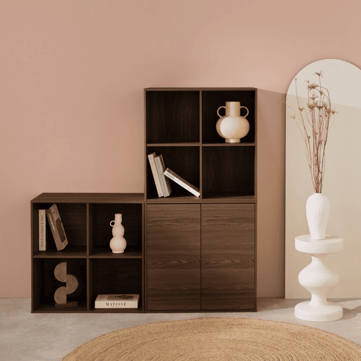 Estante, biblioteca modular decoração madeira, 2 portas e 8 nichos, Kompo, Madeira de nogueira, 70x35x70 cm Estante, biblioteca modular decoração madeira, 2 portas e 8 nichos, Kompo, Madeira de nogueira, 70x35x70 cm