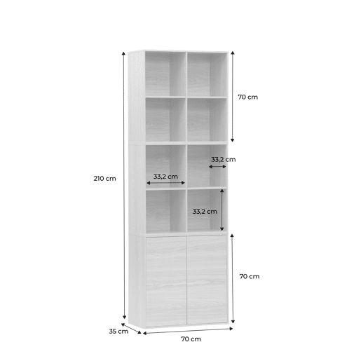 Estante, biblioteca modular decoração madeira, 2 portas e 8 nichos, Kompo, Madeira de nogueira, 70x35x70 cm Estante, biblioteca modular decoração madeira, 2 portas e 8 nichos, Kompo, Madeira de nogueira, 70x35x70 cm
