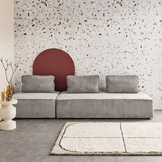 Sofá modular em tecido veludo canelado de 3 lugares, Lao, Cinza Claro, 180x90x78 cm