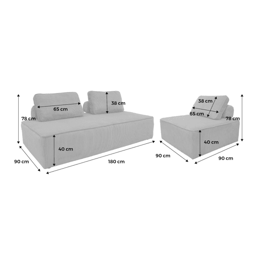 Sofá modular em tecido veludo canelado de 3 lugares, Lao, Cinza Claro, 180x90x78 cm