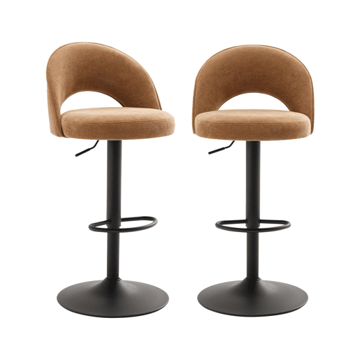 Banco de bar ajustável metal e tecido com base preta, set de 2, Abby, Camel, 49x49x110 cm