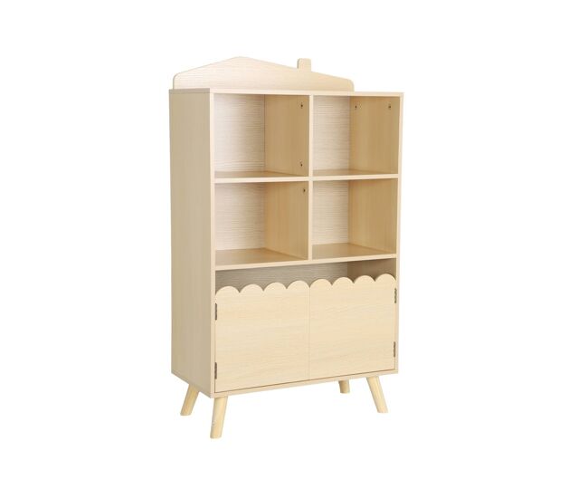 Biblioteca infantil madera de pino 2 puertas 4 estantes, azur, natural, 60x30x104.5 cm