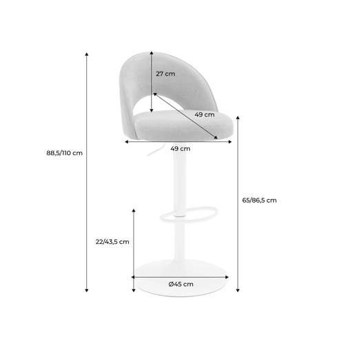 Banco de bar ajustável metal e tecido com base preta, set de 2, Abby, Preto, 49x49x110 cm
