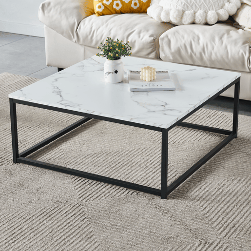 Mesa de Centro Quadrada Efeito Mármore com Estrutura Metálica Preta, Estilo Moderno Industrial, Suporta até 40 Kg, Ideal para Sala de Estar