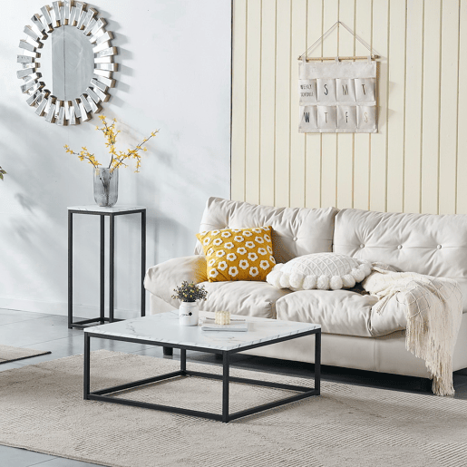 Mesa de Centro Quadrada Efeito Mármore com Estrutura Metálica Preta, Estilo Moderno Industrial, Suporta até 40 Kg, Ideal para Sala de Estar