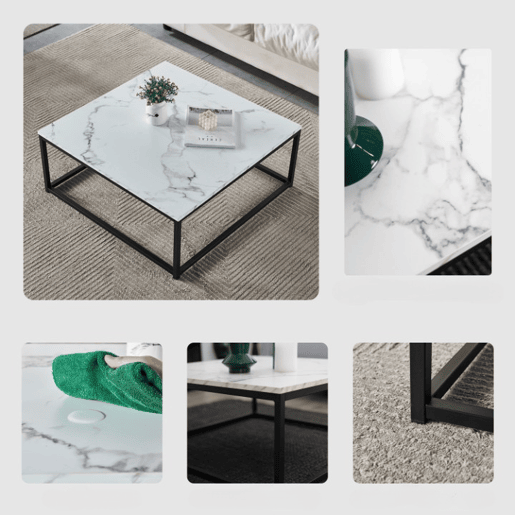 Mesa de Centro Quadrada Efeito Mármore com Estrutura Metálica Preta, Estilo Moderno Industrial, Suporta até 40 Kg, Ideal para Sala de Estar