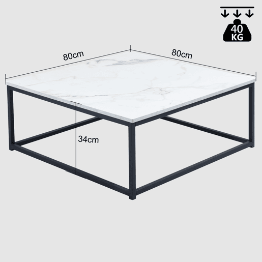 Mesa de Centro Quadrada Efeito Mármore com Estrutura Metálica Preta, Estilo Moderno Industrial, Suporta até 40 Kg, Ideal para Sala de Estar