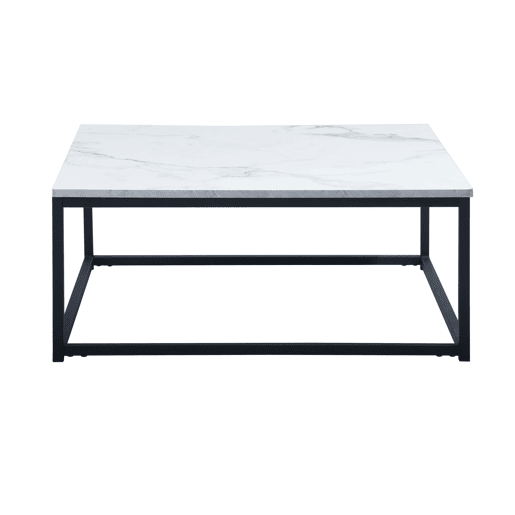 Mesa de Centro Quadrada Efeito Mármore com Estrutura Metálica Preta, Estilo Moderno Industrial, Suporta até 40 Kg, Ideal para Sala de Estar