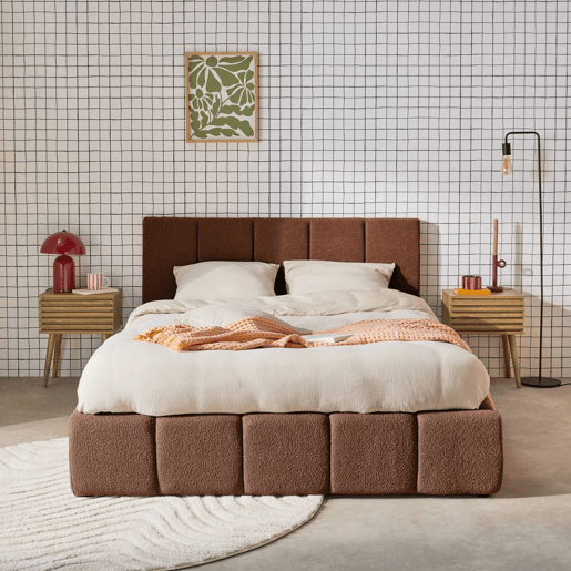 Cama baú com estrado de ripas e cabeceira 160cm, acabado em boucle, Lex, Terracota, 220x175x91 cm