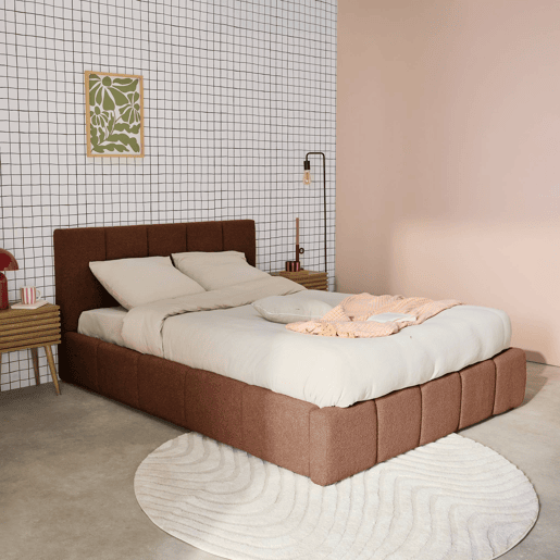 Cama baú com estrado de ripas e cabeceira 160cm, acabado em boucle, Lex, Terracota, 220x175x91 cm