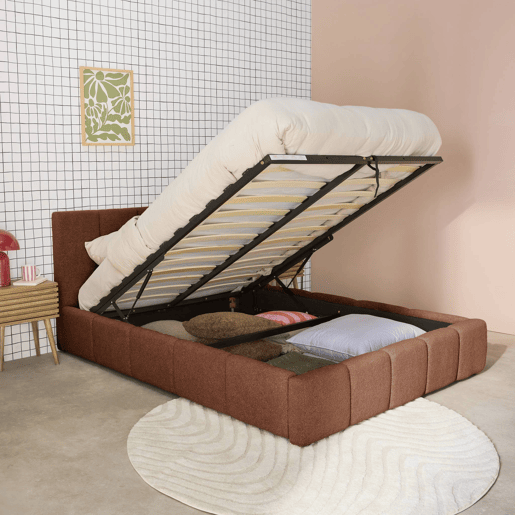 Cama baú com estrado de ripas e cabeceira 160cm, acabado em boucle, Lex, Terracota, 220x175x91 cm
