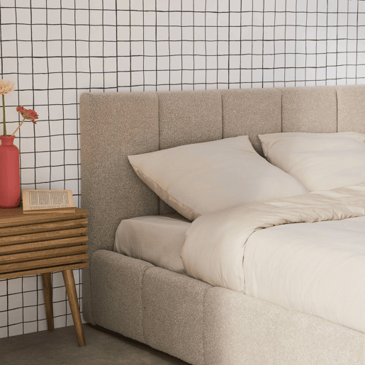 Cama baú com estrado de ripas e cabeceira 160cm, acabado em boucle, Lex, Beige, 220x175x91 cm