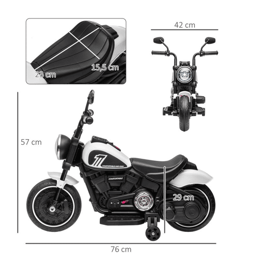 HOMCOM Motocicleta Elétrica para Crianças de 18-36 Meses Motocicleta Elétrica Infantil com Bateria 6v Farol e Rodas Auxiliares Removíveis Carga 25 kg 76x42x57 cm Branca