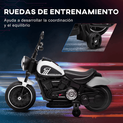 HOMCOM Motocicleta Elétrica para Crianças de 18-36 Meses Motocicleta Elétrica Infantil com Bateria 6v Farol e Rodas Auxiliares Removíveis Carga 25 kg 76x42x57 cm Branca