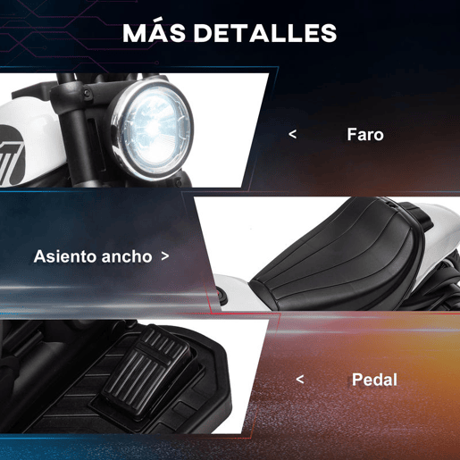 HOMCOM Motocicleta Elétrica para Crianças de 18-36 Meses Motocicleta Elétrica Infantil com Bateria 6v Farol e Rodas Auxiliares Removíveis Carga 25 kg 76x42x57 cm Branca