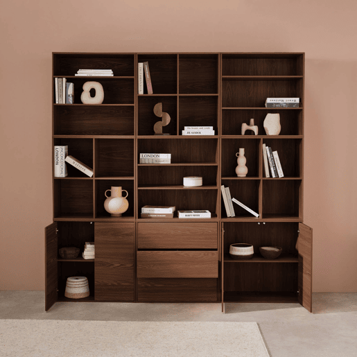Kit prateleira, estante modular decoração madeira, 9 elementos, Kompo, Madeira de nogueira, 210x35x210 cm