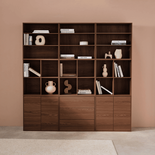 Kit prateleira, estante modular decoração madeira, 9 elementos, Kompo, Madeira de nogueira, 210x35x210 cm