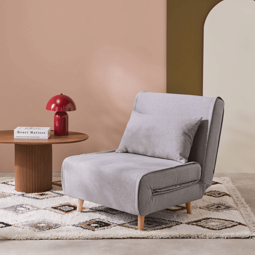 Poltrona de 1 lugar conversível em tecido simple com base de madeira, Guest, Cinza, 191x77x49 cm