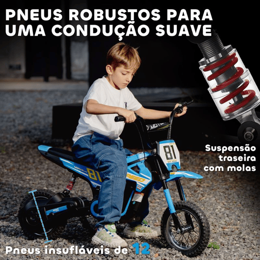 AIYAPLAY Mota Elétrica para Crianças 24V Mota Elétrica Infantil com Motor 250W Velocidade de 6-16kmh Rodas de Ø30,5 cm e Suspensão Traseira para Crianças de 8-12 Anos 119x64x76,5 cm Azul