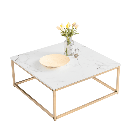 Mesa De Centro Quadrada Com Tampo Efeito Mármore Branco E Estrutura Metálica Dourada, Estilo Moderno Industrial, Superfície Fácil De Limpar, Ideal Para Sala De Estar