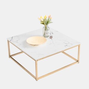 Mesa De Centro Quadrada Com Tampo Efeito Mármore Branco E Estrutura Metálica Dourada, Estilo Moderno Industrial, Superfície Fácil De Limpar, Ideal Para Sala De Estar