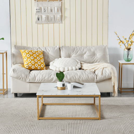 Mesa De Centro Quadrada Com Tampo Efeito Mármore Branco E Estrutura Metálica Dourada, Estilo Moderno Industrial, Superfície Fácil De Limpar, Ideal Para Sala De Estar