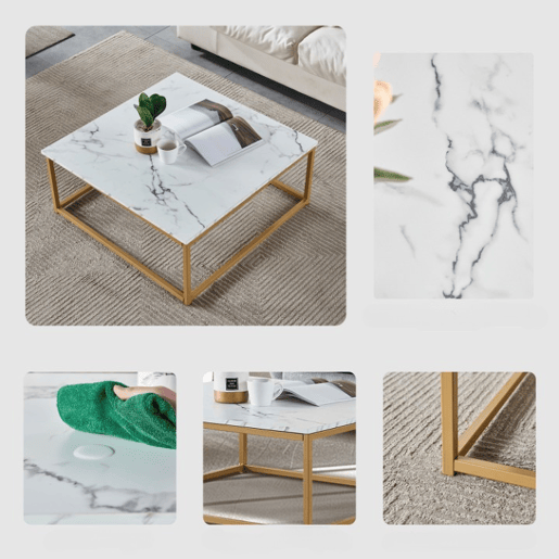 Mesa De Centro Quadrada Com Tampo Efeito Mármore Branco E Estrutura Metálica Dourada, Estilo Moderno Industrial, Superfície Fácil De Limpar, Ideal Para Sala De Estar