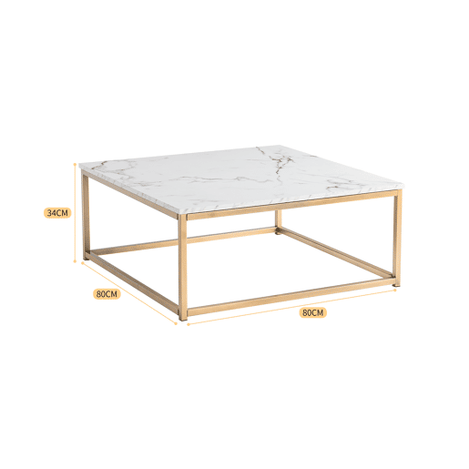 Mesa De Centro Quadrada Com Tampo Efeito Mármore Branco E Estrutura Metálica Dourada, Estilo Moderno Industrial, Superfície Fácil De Limpar, Ideal Para Sala De Estar