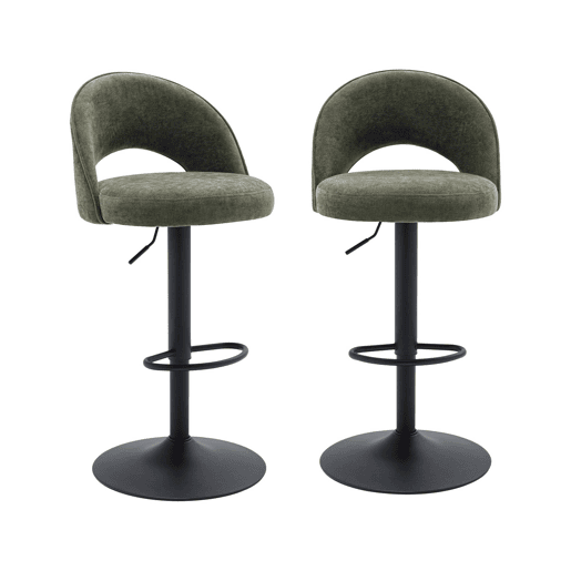 Banco de bar ajustável metal e tecido com base preta, set de 2, Abby, Verde caqui, 49x49x110 cm