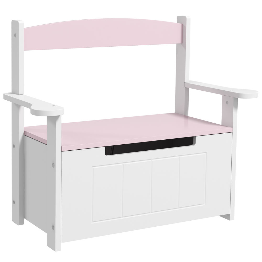 Aiyaplay baúl para juguetes infantil, banco almacenaje para niños, con respaldo y tapa amortiguadora, carga 30 kg, para salas de juego, dormitorio, 68,5x34x58 cm, rosa y blanco