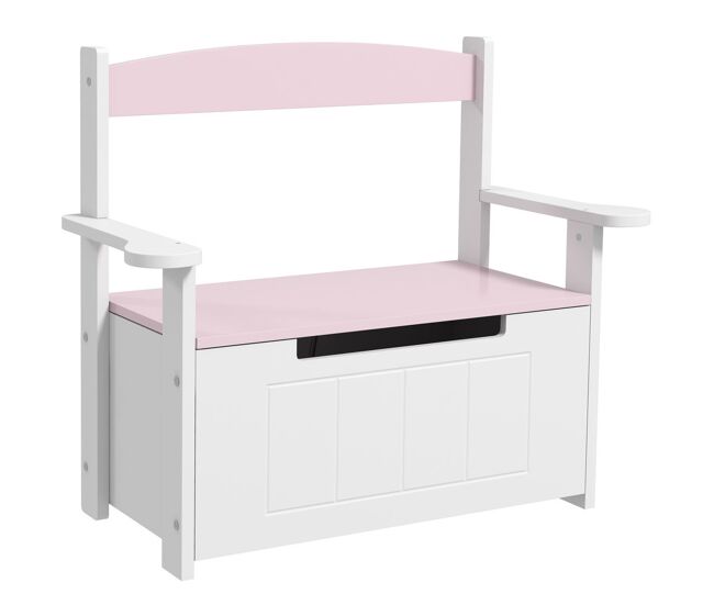 Aiyaplay baúl para juguetes infantil, banco almacenaje para niños, con respaldo y tapa amortiguadora, carga 30 kg, para salas de juego, dormitorio, 68,5x34x58 cm, rosa y blanco