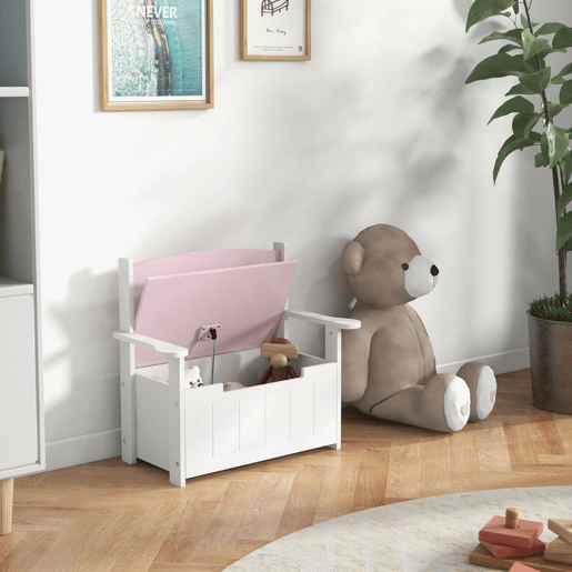 AIYAPLAY Baú de Brinquedos Infantil Banco de Armazenamento para Crianças com Encosto e Tampa Amortecida Suporta 30 kg para Salas de Jogos Quarto 68,5x34x58 cm Rosa e Branco