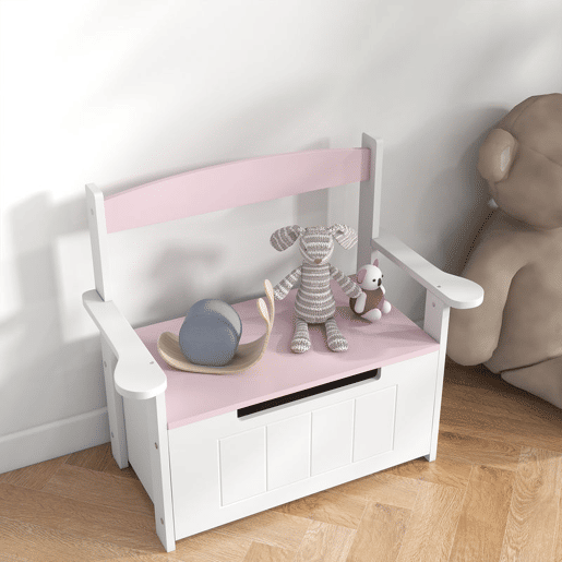 AIYAPLAY Baú de Brinquedos Infantil Banco de Armazenamento para Crianças com Encosto e Tampa Amortecida Suporta 30 kg para Salas de Jogos Quarto 68,5x34x58 cm Rosa e Branco