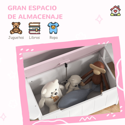 AIYAPLAY Baú de Brinquedos Infantil Banco de Armazenamento para Crianças com Encosto e Tampa Amortecida Suporta 30 kg para Salas de Jogos Quarto 68,5x34x58 cm Rosa e Branco