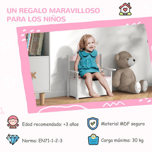 AIYAPLAY Baú de Brinquedos Infantil Banco de Armazenamento para Crianças com Encosto e Tampa Amortecida Suporta 30 kg para Salas de Jogos Quarto 68,5x34x58 cm Rosa e Branco