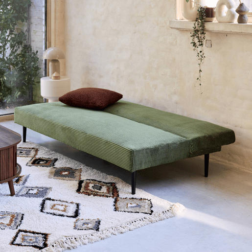Sofá conversível em veludo canelado grosso, com estrutura de metal, 3 lugares, Max, Verde caqui, 180x85x74.5 cm