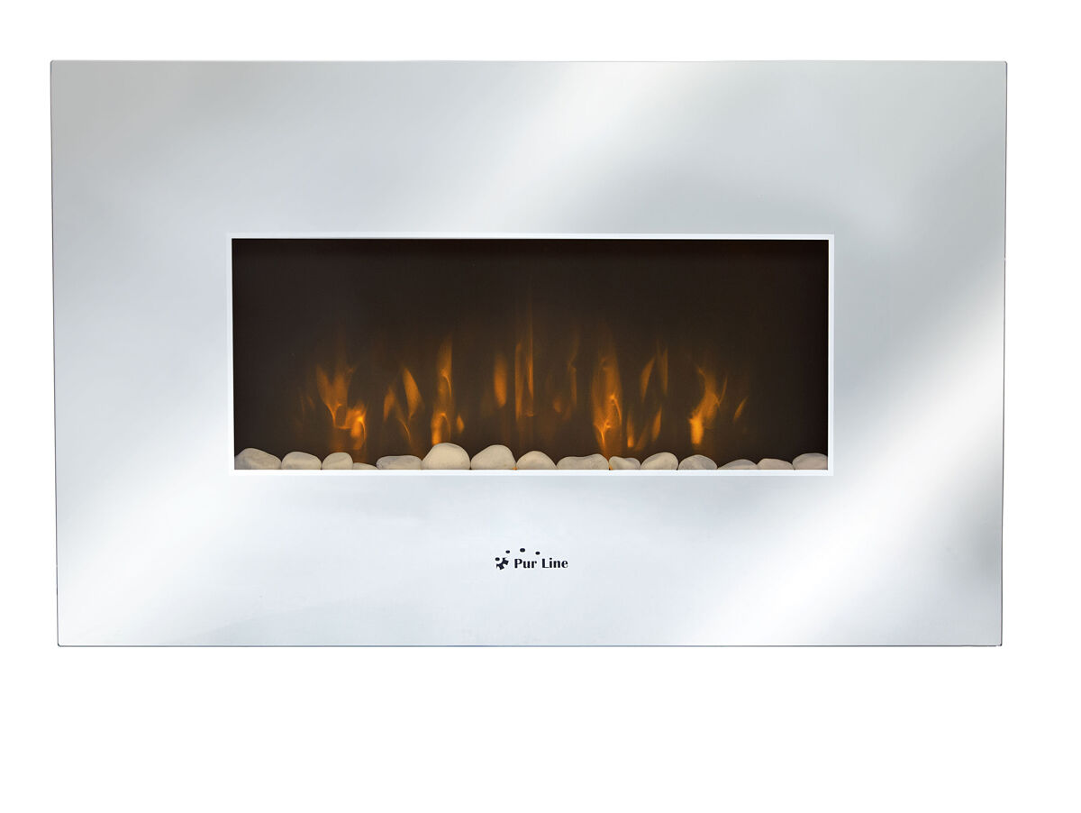 Chimenea eléctrica de 2000w y bajo consumo. diseño mural rectangular extraplano. fabricado en cristal templado negro. con sistema de leds laterales y traseros de varios colores a elegir. incluye piedras decorativas. dispone de control electrónico y mando