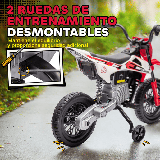 AIYAPLAY Mota Elétrica para Crianças de +3 Anos Mota Elétrica Infantil com Bateria 12V Música Velocidade 2,4-5 kmh e Rodas Auxiliares Removíveis Carga 30 kg 107x56x70 cm Vermelho