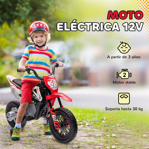 AIYAPLAY Mota Elétrica para Crianças de +3 Anos Mota Elétrica Infantil com Bateria 12V Música Velocidade 2,4-5 kmh e Rodas Auxiliares Removíveis Carga 30 kg 107x56x70 cm Vermelho