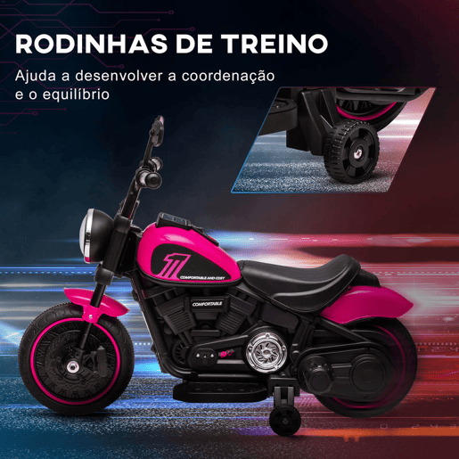 HOMCOM Motocicleta Elétrica para Crianças de 18-36 Meses com Bateria 6V Farol e Rodas Auxiliares Removíveis 25 kg 76x42x57 cm Rosa HOMCOM Motocicleta Elétrica para Crianças de 18-36 Meses com Bateria 6V Farol e Rodas Auxiliares Removíveis 25 kg 76x42x57 cm Rosa