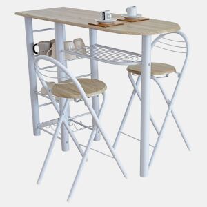 Mesa alta de escritório para cozinha estilo nórdico em branco e madeira clara com 2 bancos dobráveis 40x88x120 cm
