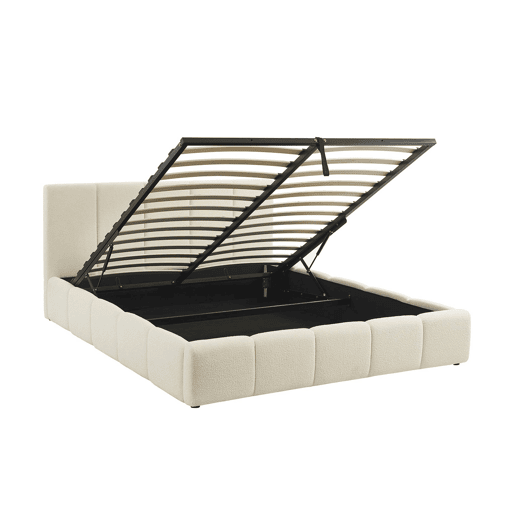 Cama baú com estrado de ripas e cabeceira 160cm, acabado em boucle, Lex, Branco, 220x175x91 cm